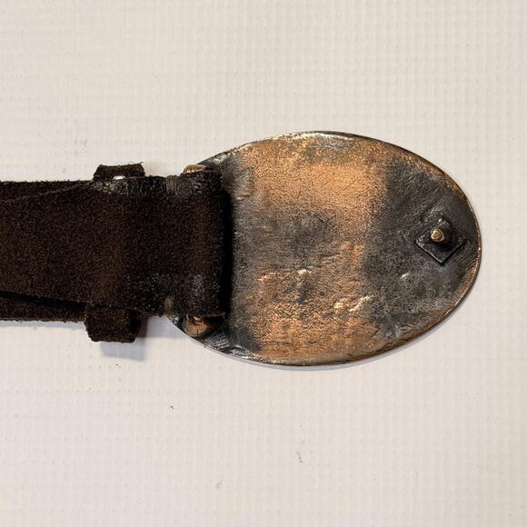 Paul Smith Belt Mens 36 Brown Suede Leather Oval Floral Buckle Made in England - Picture 3 of 11